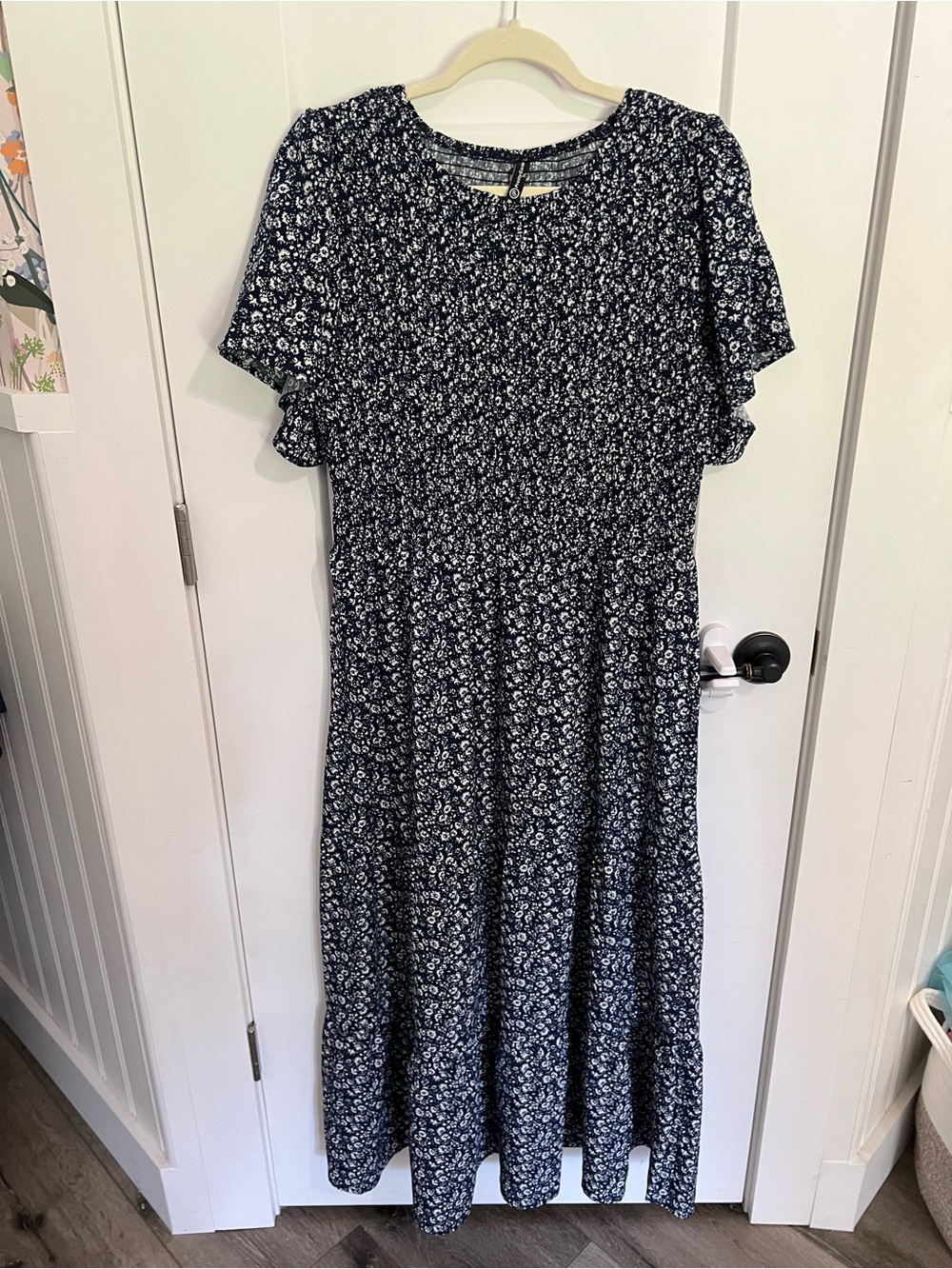 PrettyGarden Navy Floral Maxi Dress with Smocked Bodice